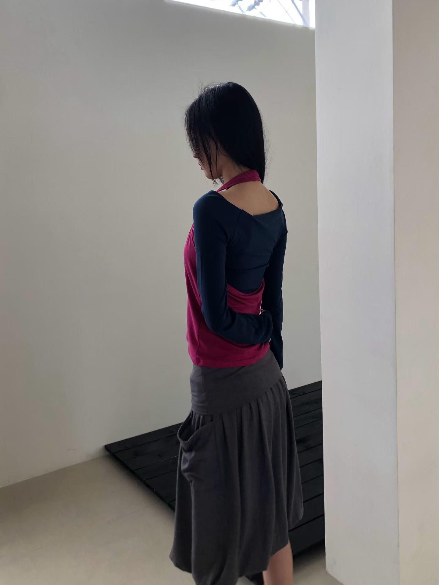 掛脖背心+一字領上衣兩件組
